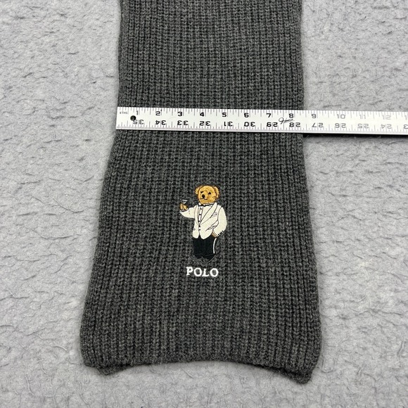 Polo Ralph Lauren Scarf Mens OS Gray Fancy Martini Bear Wool Cotton Knit Ribbed - Picture 5 of 7